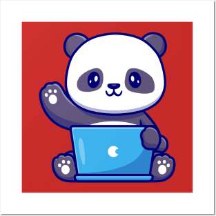Cute Panda Working On Laptop Cartoon Posters and Art